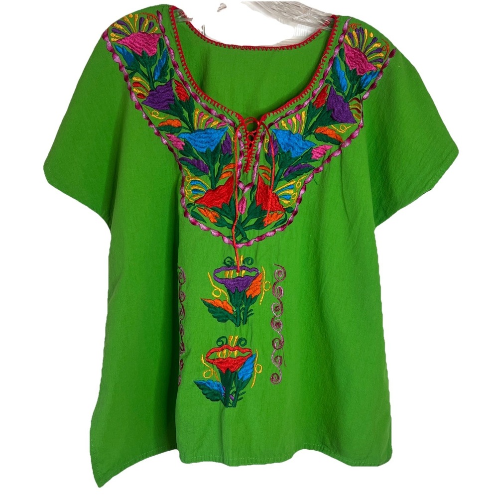 Mexican Floral Embroidered Lime Green Peasant Folklore Handmade Blouse Sz Medium